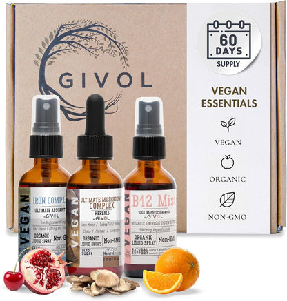 GIVOL Ultimate Vegan Essential Bundle Liquid Spray – Mushroom Complex, Iron Bisglycinate, and Vitamin B12 Methylcobalamin, All Natural, Non-GMO, Gluten-free, Sugar Free (3 x 60 ml, 360 Day Supply)