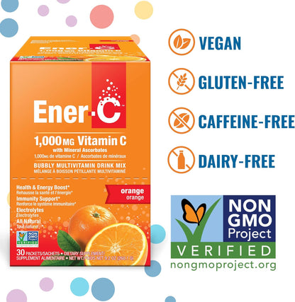 Ener-C Multivitamin Drink Mix, Immune Booster for Adults - Orange, 60 Count | Vitamin Packets for Water, Electrolytes Powder Packets, Vitamin Drink Mix, Hydration Liquid Mix