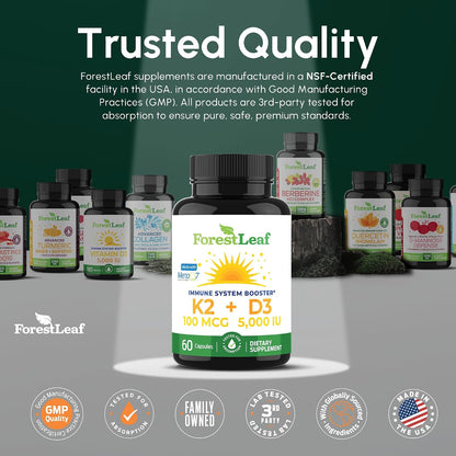 ForestLeaf Vitamin D3 + K2 (MK7) Supplement - 5000 IU with MenaQ7 - 60 Vegetarian Capsules