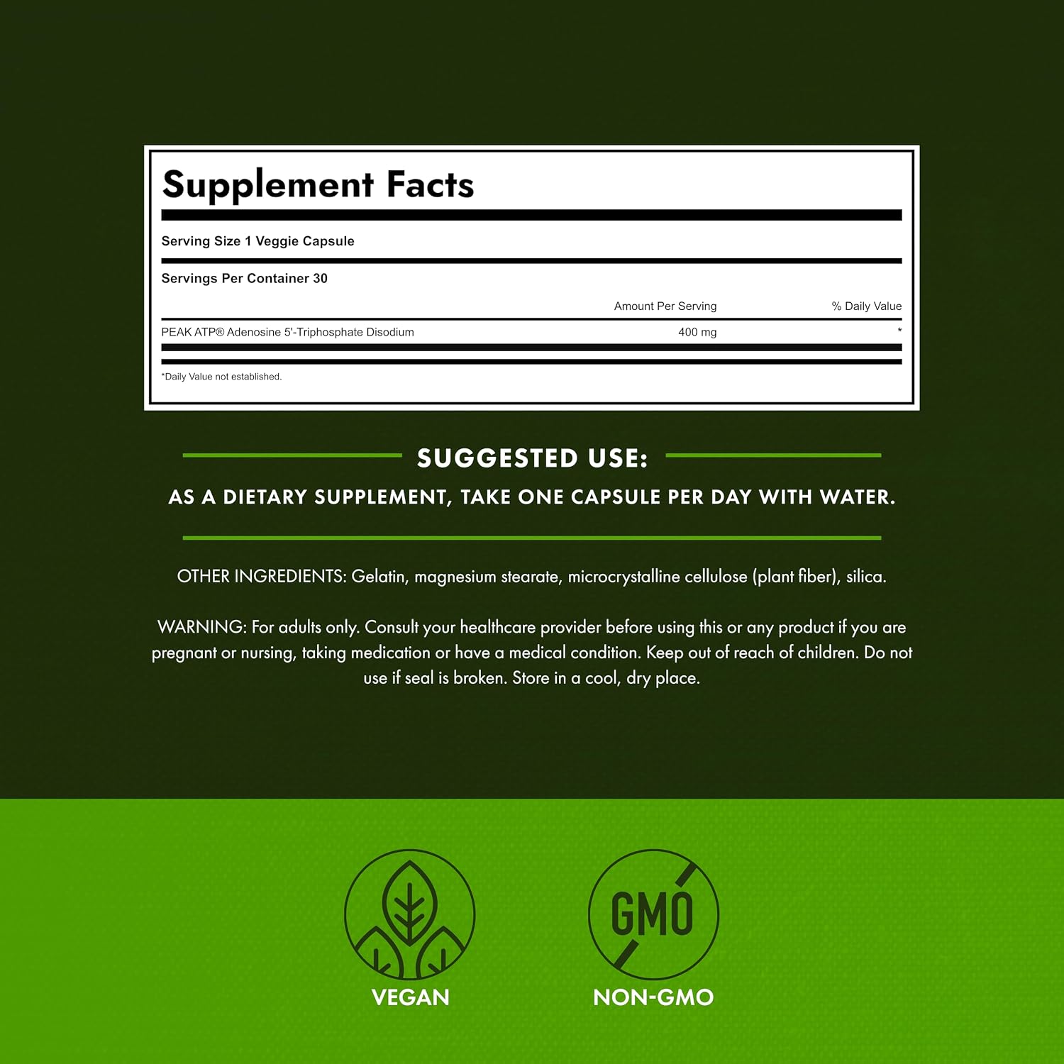 Swanson Maximum Strength Peak ATP - 400 mg - 30 Veggie Capsules - görsel 3