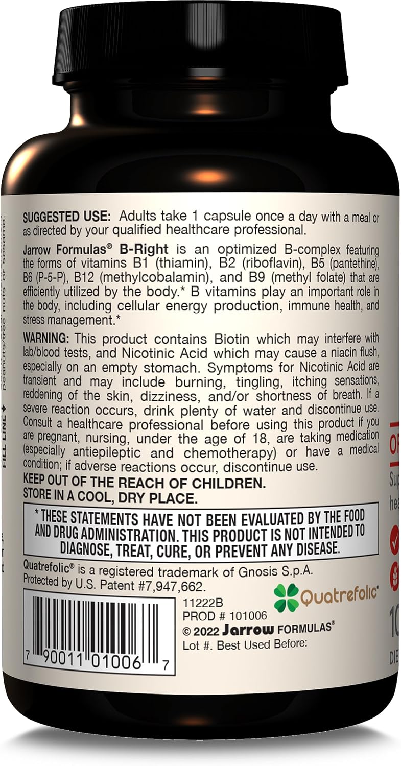 Jarrow Formulae B-Right Optimised B Complex - Methylated B Vitamins for Energy and Stress Management, 100 Vegetable Capsules - görsel 8