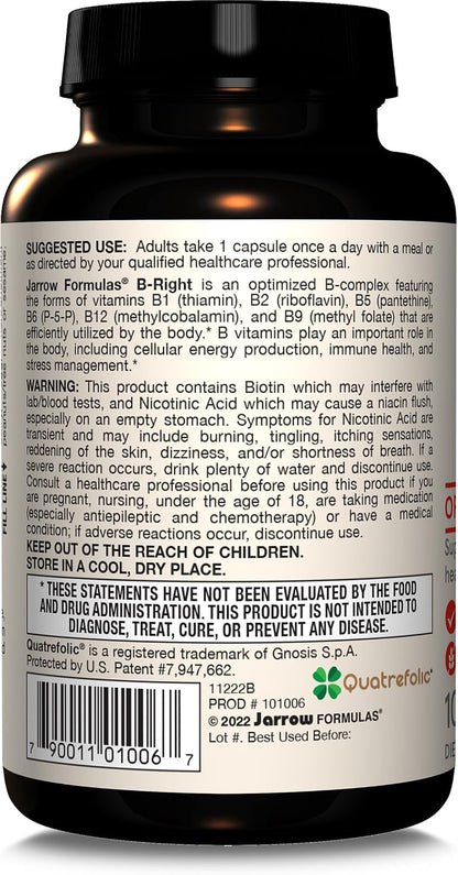 Jarrow Formulae B-Right Optimised B Complex - Methylated B Vitamins for Energy and Stress Management, 100 Vegetable Capsules