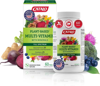 CATALO Multivitamin for Women and Men with Minerals Tablets – Plant-Based Formula with 25 Essential Vitamins & Minerals, Includes 39 Fruits, Vegetables, Mushrooms & Herbs – 60 Tablets