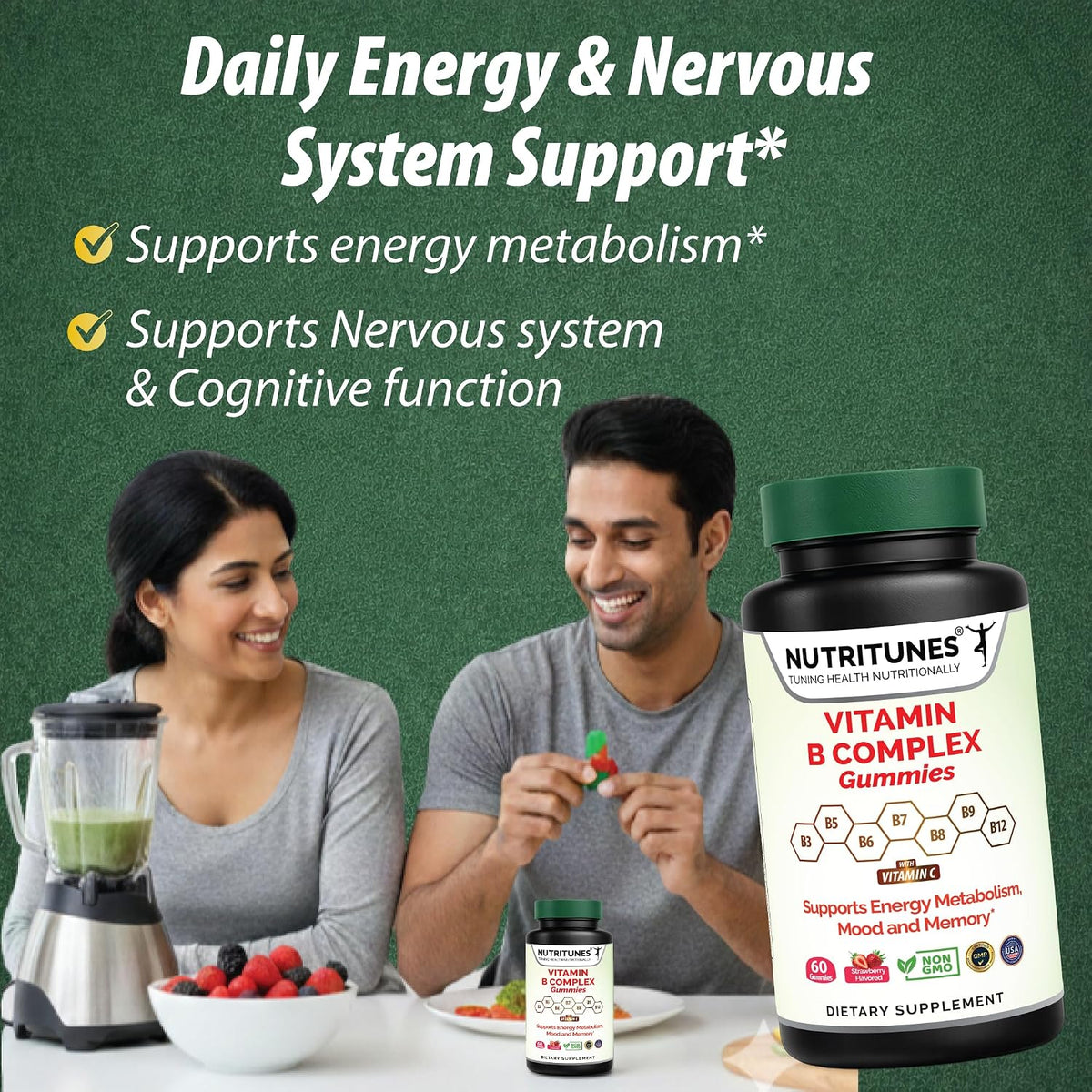Nutritunes Vitamin B Complex Gummies - High Potency with Methyl B12, Folate, Biotin & Vitamin C - 60 Gummies - görsel 4