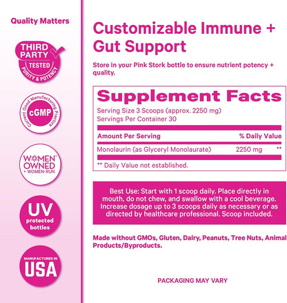 Pink Stork Monolaurin Pellets – Vegan Lauric Acid Immune & Gut Support for Women – Microbial Balance, Digestive Wellness – Odourless, Scoopable Supplement – 226g – 75 Servings