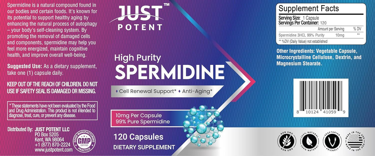 Just Potent High Purity (99%) Spermidine Supplement – 120 Capsules, 10mg Each – Cell Renewal Support - görsel 7