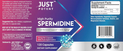 Just Potent High Purity (99%) Spermidine Supplement – 120 Capsules, 10mg Each – Cell Renewal Support