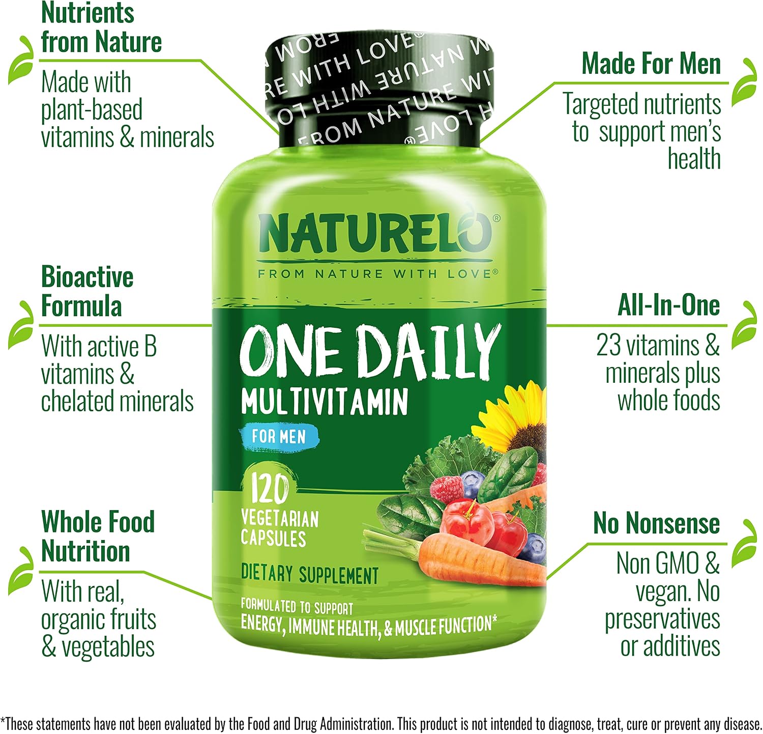 NATURELO Men's Multivitamin - One-a-Day with Vitamins, Minerals & Organic Whole Foods, Non-GMO, 120 Vegetarian Capsules - görsel 4