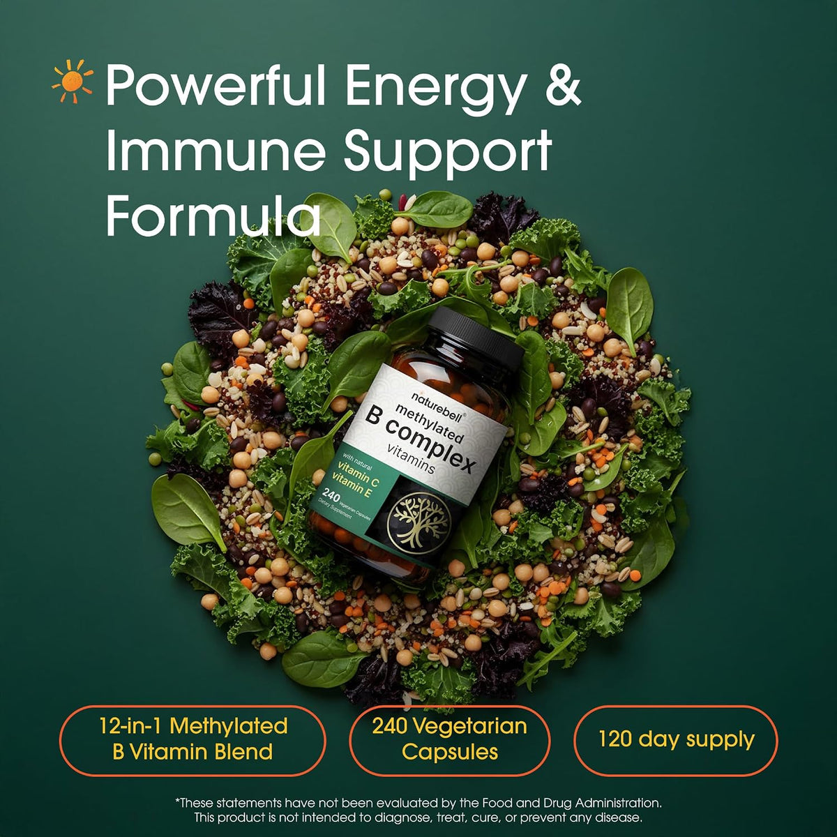 NatureBell Methylated B Complex - 240 Vegetarian Capsules - High Bioavailability 12-in-1 Formula - görsel 2