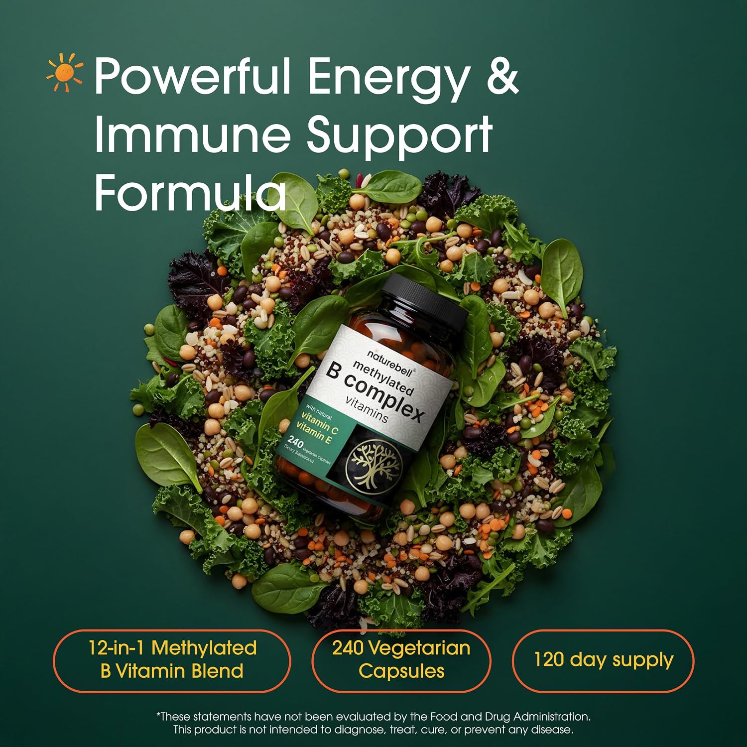 NatureBell Methylated B Complex - 240 Vegetarian Capsules - High Bioavailability 12-in-1 Formula - görsel 2