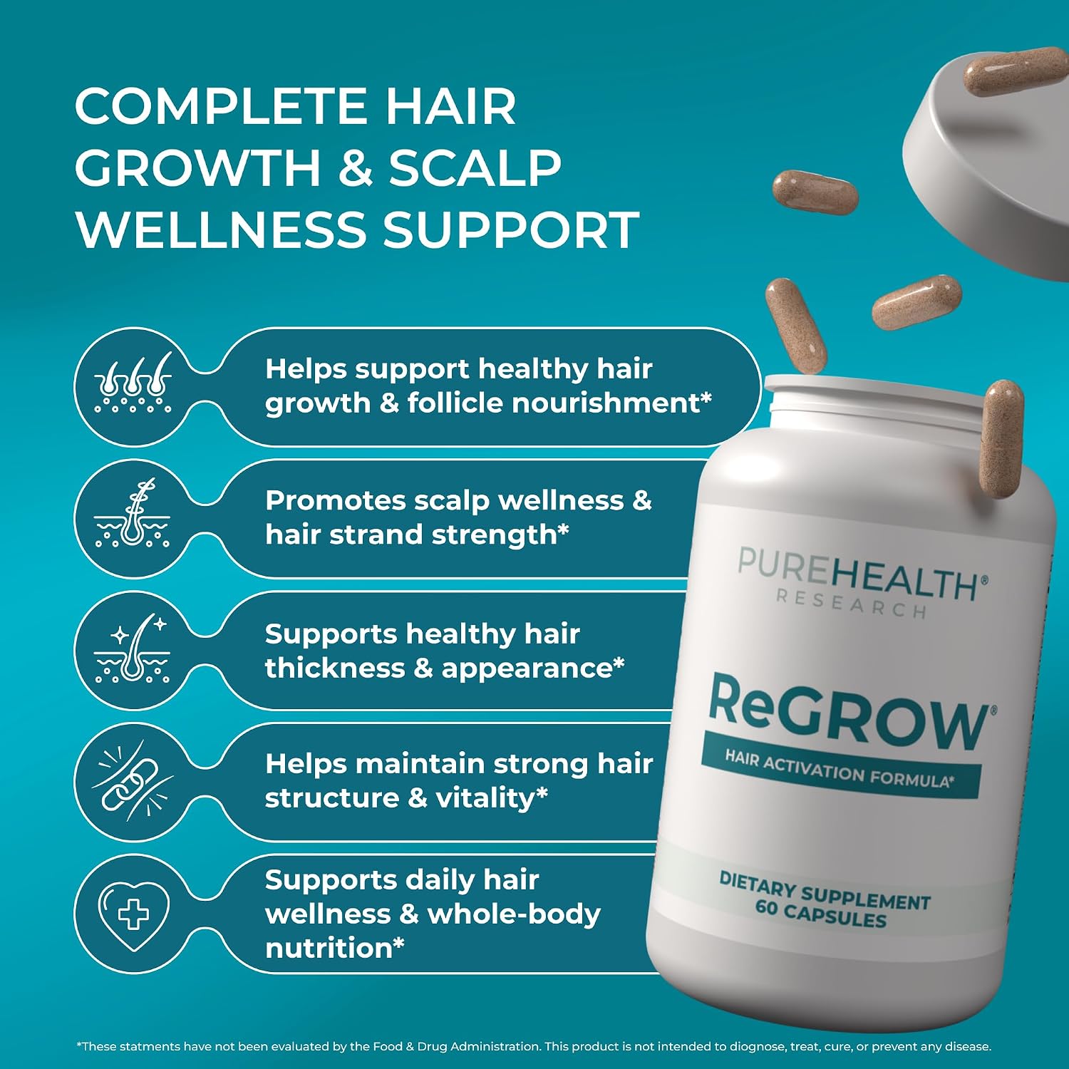 PUREHEALTH RESEARCH ReGrow – Hair Support Vitamins for Scalp and Thickness – with Saw Palmetto, Biotin, Hydrolysed Collagen & Keratin – 60 Capsules - görsel 3