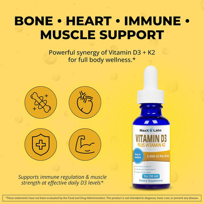 Vitamin D3 K2 Liquid Drops - 2000 IU D3 + MK7 from Natto - 30 ml (Approx. 900 Drops)