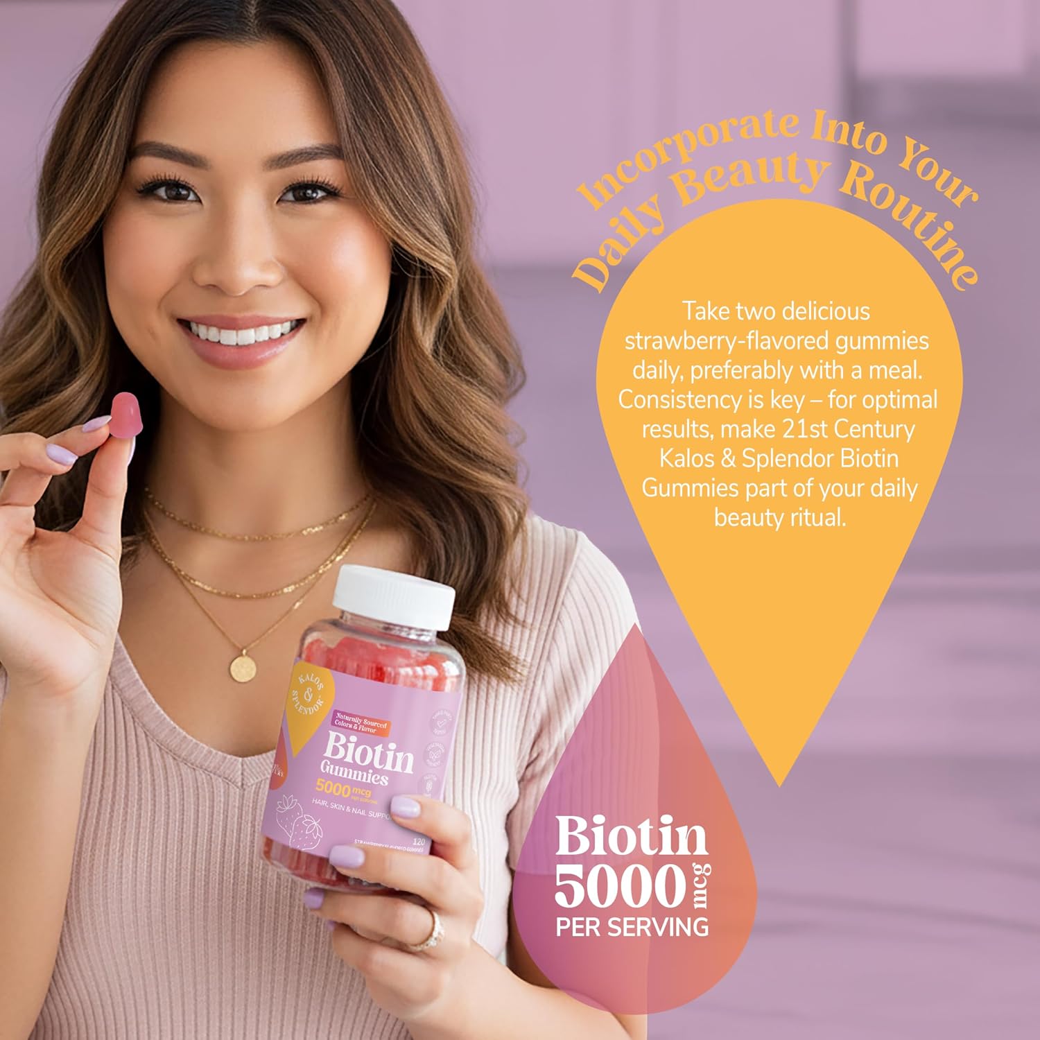 21st Century Biotin Gummies 5000 mcg for Hair, Skin and Nail Health – Vegetarian Strawberry Supplement, 120 Gummies, Gluten-free - görsel 4