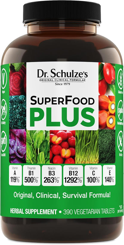 Dr. Schulze's SuperFood Plus – Everyday Superfood Supplement for Overall Wellness – Clean, Quality Nutrition – Supports Metabolism & Daily Energy – Gluten-Free & Dairy-Free – 390 Tablets