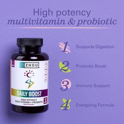 Zhou Daily Boost – Probiotic Multivitamin for Women and Men, for Immune Support and Energy | 30 Vegetarian Capsules