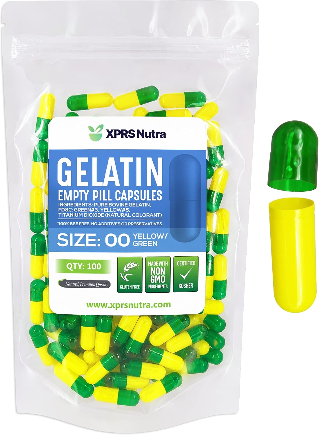 XPRS Nutra Size 00 Empty Gelatine Capsules - 100 Count (Green/Yellow) - görsel 1