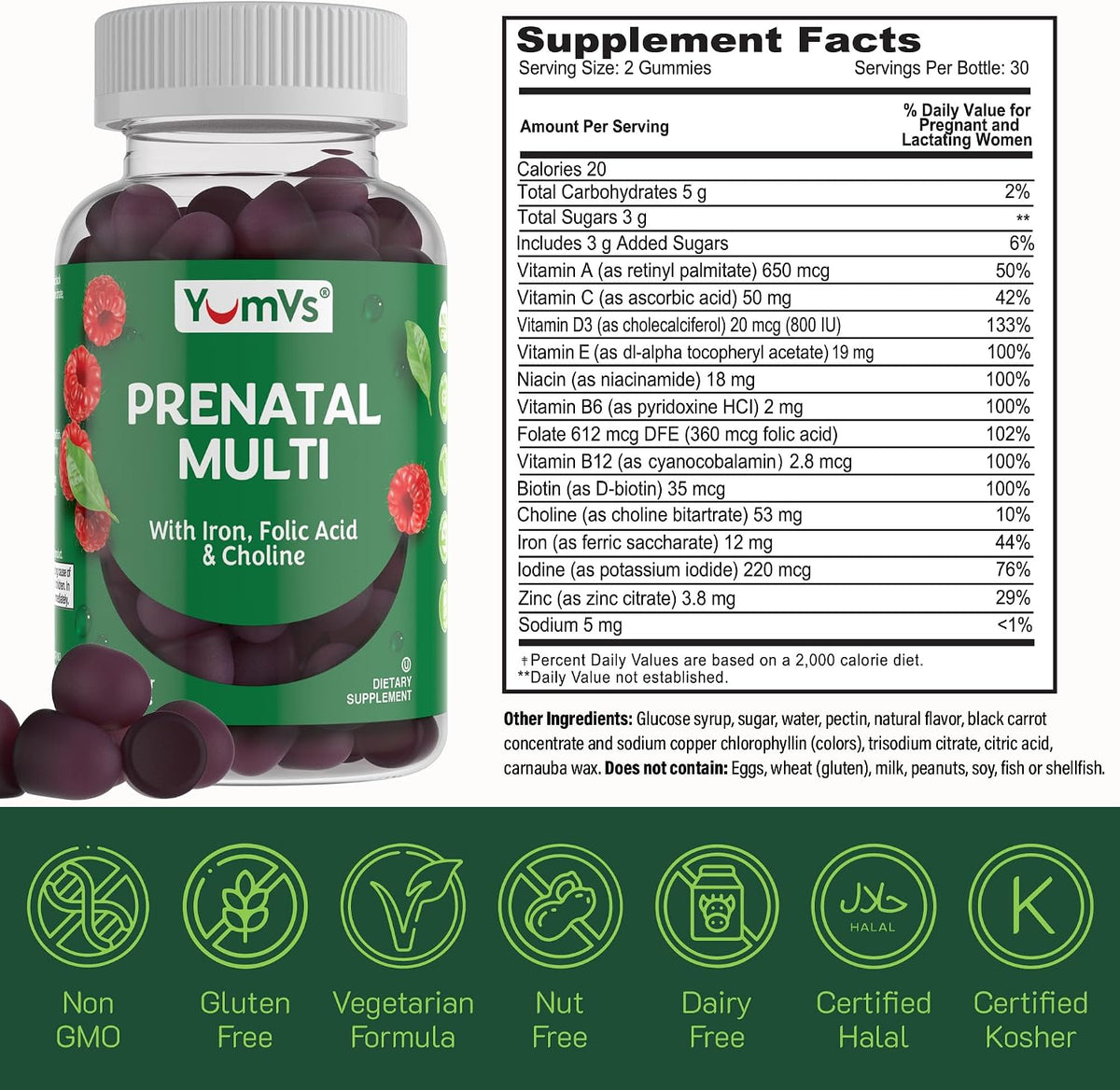 YumVs Prenatal Gummies for Women – with Folic Acid, Iron & Choline – 60 Gummies - görsel 3