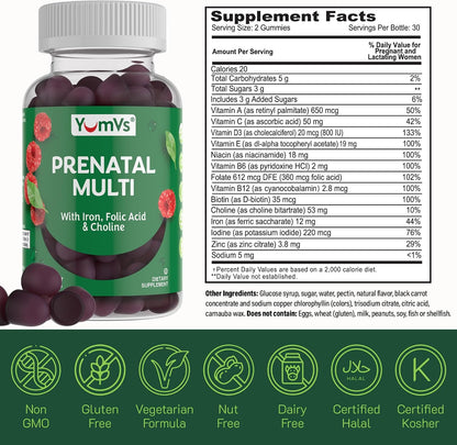 YumVs Prenatal Gummies for Women – with Folic Acid, Iron & Choline – 60 Gummies