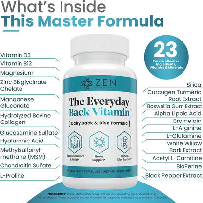 Zen Nutrients The Everyday Back Vitamin - Back, Disc and Nerve Support Food Supplement with Alpha Lipoic Acid, Turmeric & Glucosamine (60 Capsules)