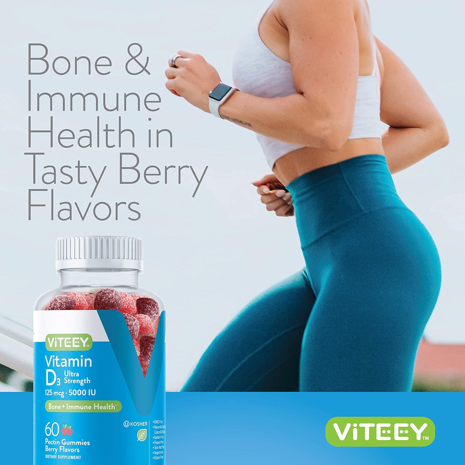 Viteey Vitamin D3 Gummies for Adults & Teens - 5,000 IU Ultra Strength - Berry Flavour - 120 Count - görsel 6