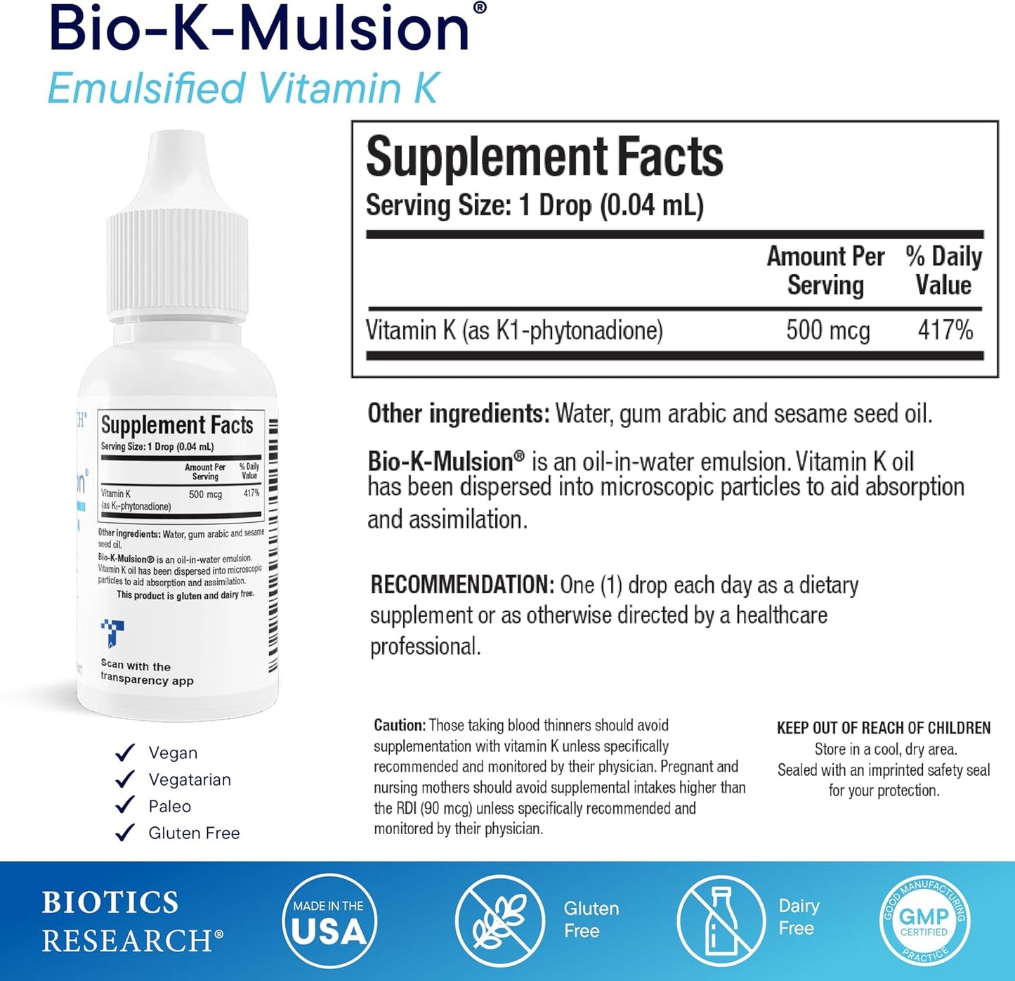 BIOTICS RESEARCH Bio K Mulsion Liquid Vitamin K1 Drops - 500 mcg - görsel 2