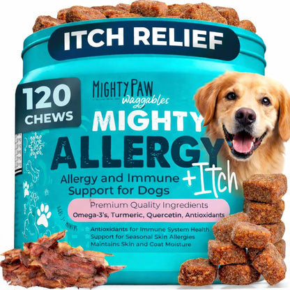 Mighty Paw Waggables Mighty Omega (Made in The USA, 120 Count) | Omega 3 Fish Oil Chew for Dogs. Salmon Flavour Skin and Coat Supplement. Soft Chew Fish Oil for Dogs - DHA & EPA, Bacon Flavour