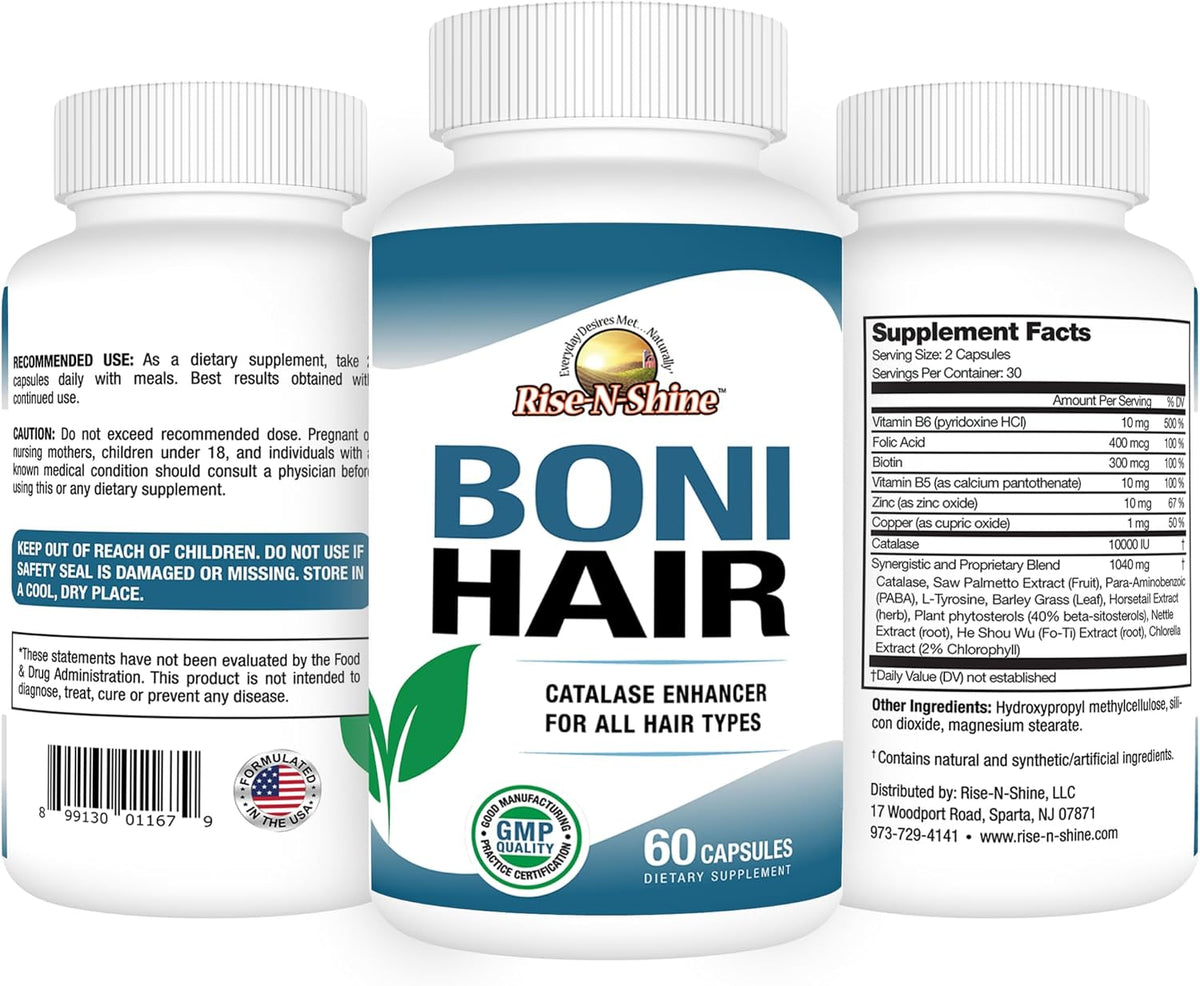 Rise-N-Shine BoniHair Catalase Supplement - 10,000 IU with Saw Palmetto, Biotin, Fo-Ti, PABA - 60 Capsules - görsel 2