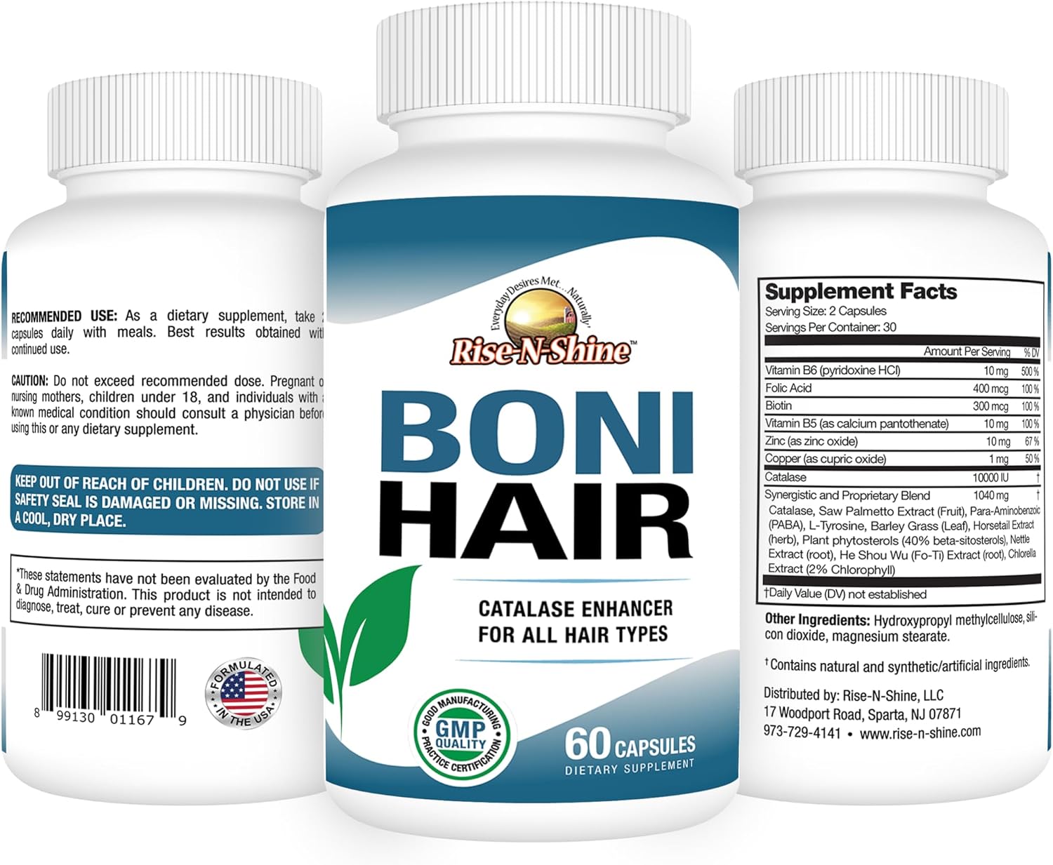 Rise-N-Shine BoniHair Catalase Supplement - 10,000 IU with Saw Palmetto, Biotin, Fo-Ti, PABA - 60 Capsules - görsel 2