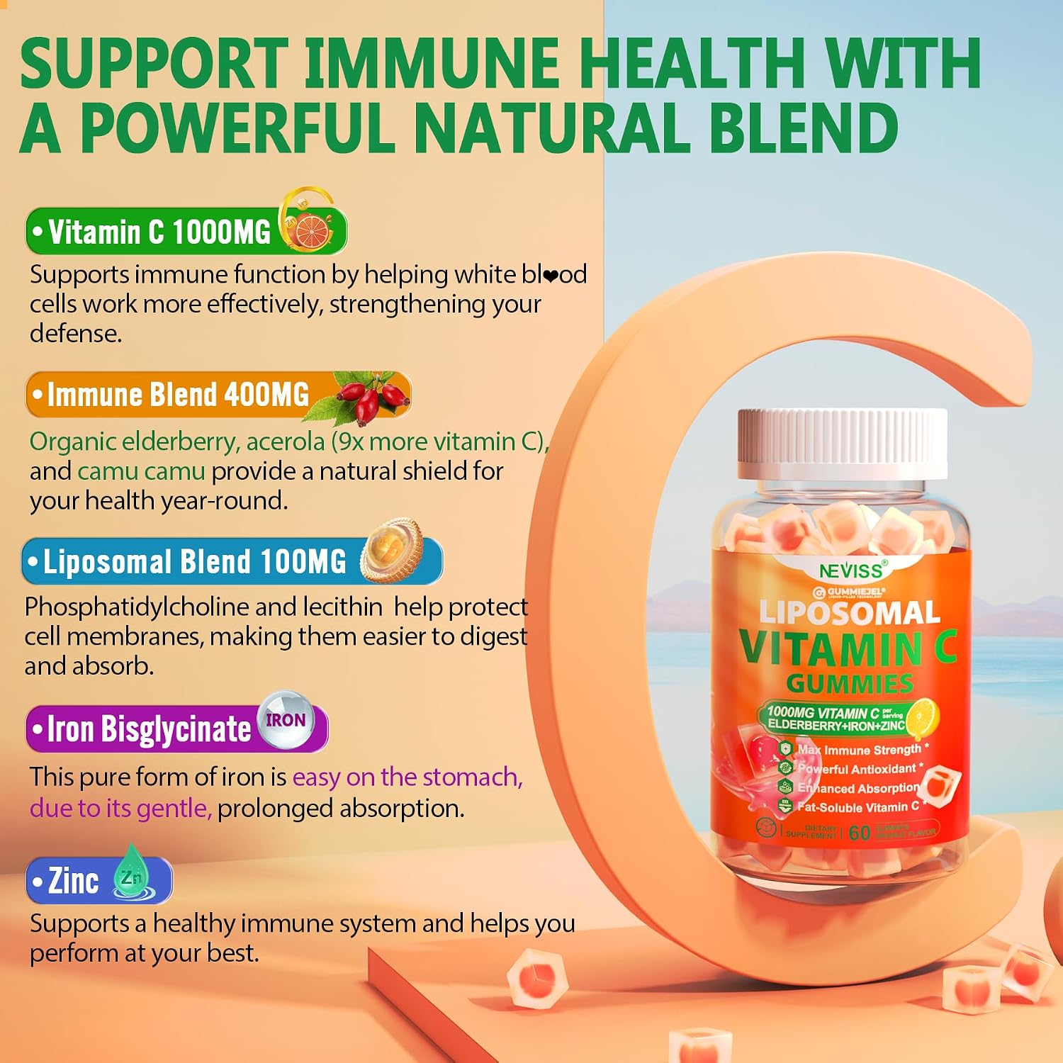 NEVISS Liposomal Vitamin C 1000mg Gummies with Elderberry, Zinc and Iron - görsel 3