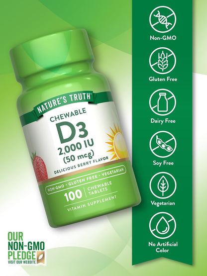 Nature's Truth Chewable Vitamin D3 2,000 IU - 100 Tablets, Berry Flavour