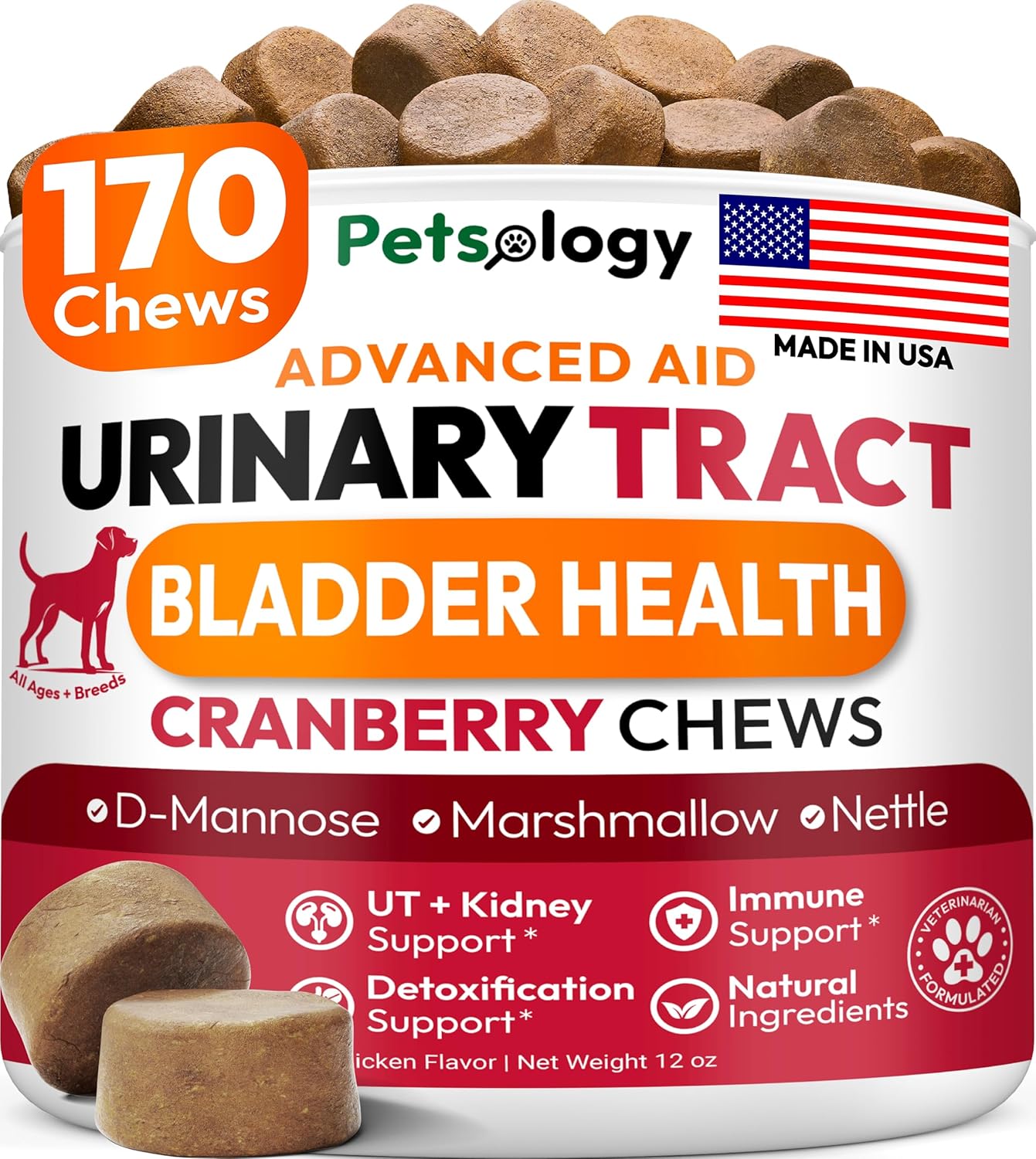 Petsology Dog UTI Treatment - 170 Cranberry Chews for Dogs - Urinary & Bladder Health Multivitamin with D-Mannose - görsel 1