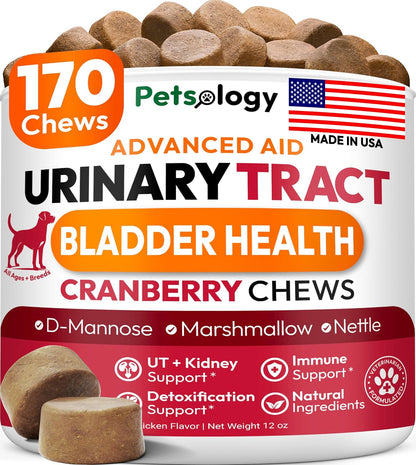 Petsology Dog UTI Treatment - 170 Cranberry Chews for Dogs - Urinary & Bladder Health Multivitamin with D-Mannose