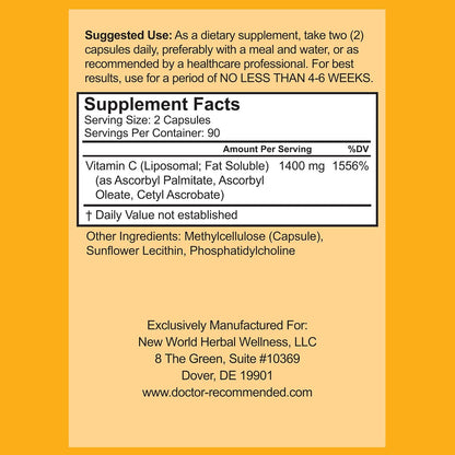 Liposomal Vitamin C 1400mg Per Serving – High Absorption Ascorbic Acid with Phosphatidylcholine, 180 Veggie Capsules (2 Pack)