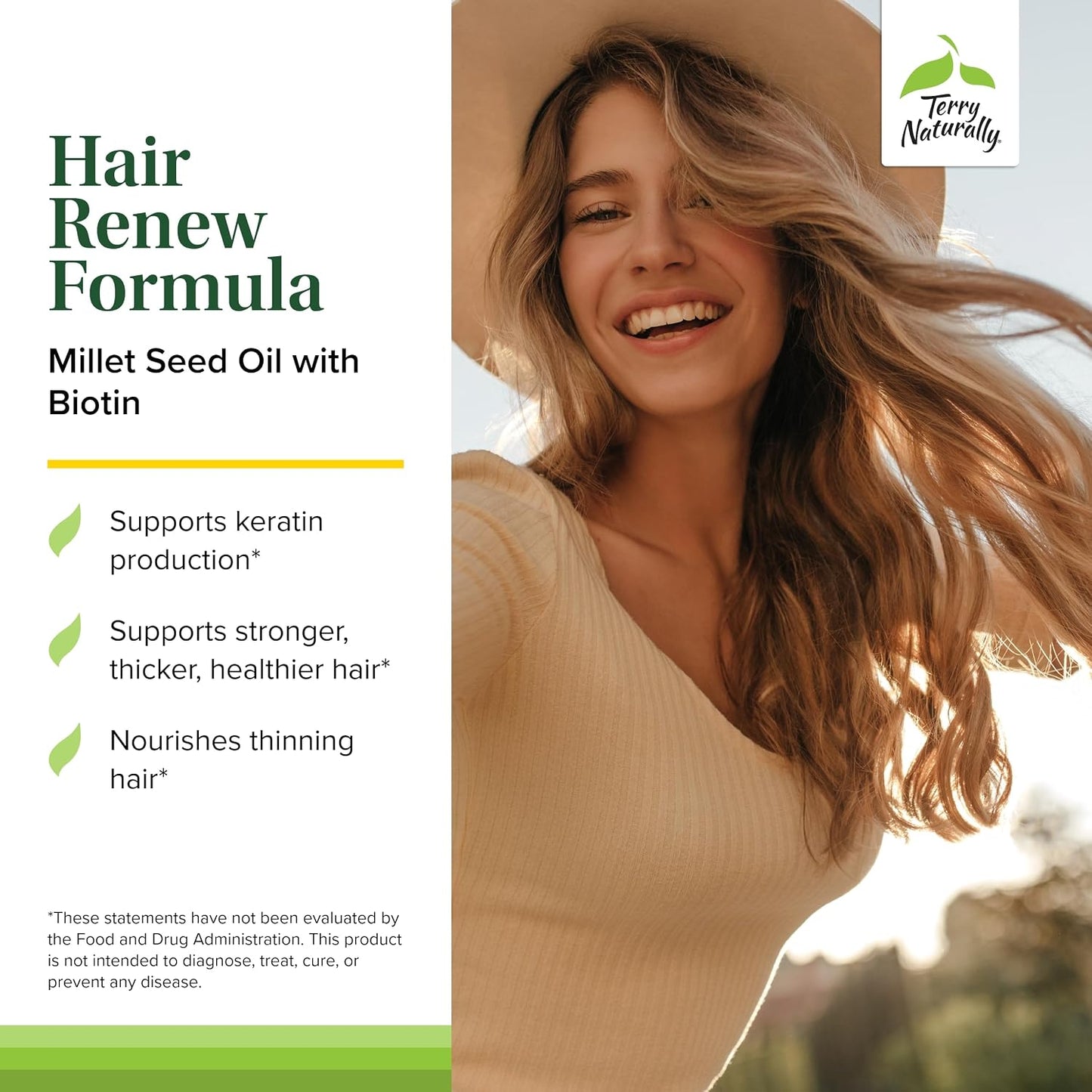 Terry Naturally Hair Renew Formula - Hair Growth Support Supplement with Horsetail, Biotin & Folic Acid - Millet Seed Oil for Keratin Production Support - 60 Softgels (2-Pack) - görsel 3