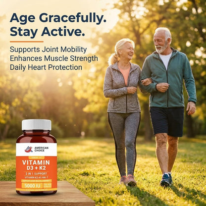 Vitamin D3 5000 IU – Enhanced Bone, Heart & Immune Support – Supports Calcium Absorption, Clean & Trusted Formula for Daily Wellness + Vitamin K2 (MK-7) 100 mcg – 120 Capsules