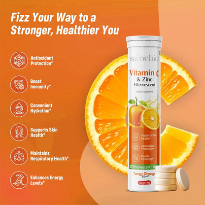 Vitamin C 1000mg Effervescent Tablets with Zinc - Immune Support, Sugar-Free, Orange Flavour - 20 Count