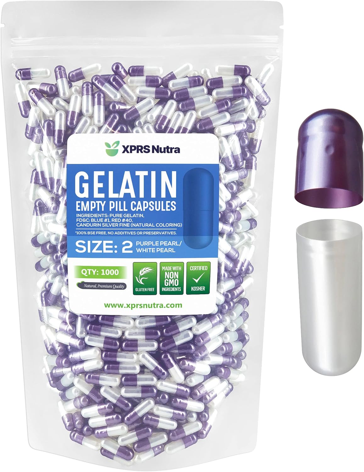 XPRS Nutra Size 2 Empty Gelatine Capsules (1000 Count) - DIY Capsule Filling - Pure Bovine Gelatine Capsules for Homemade Supplements - Pearl Purple/White - görsel 1