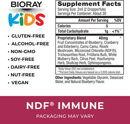 BIORAY Kids NDF Immune, Blueberry – 2 fl oz – Immune Support & Natural Detox – Non-GMO, Vegan, Gluten-free – 30 Servings