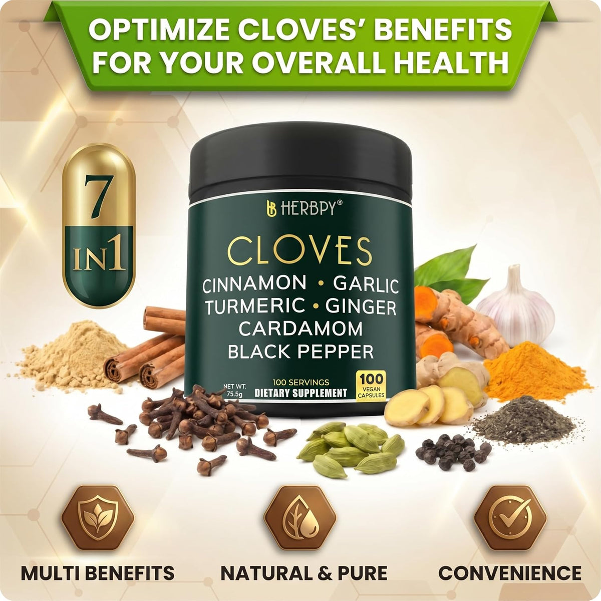 7in1 Clove Supplement 500mg - Rich in Vitamins and Minerals, Supports Digestion, Immune and Heart Health - Contains Cinnamon, Turmeric, Ginger, Cardamom, Garlic and Black Pepper - 100 Vegan Capsules - görsel 4