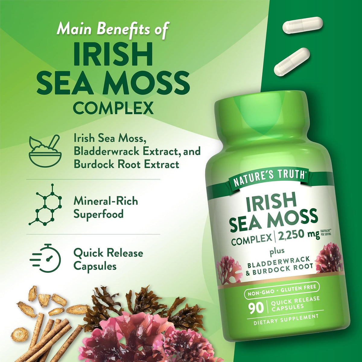 Nature's Truth Irish Sea Moss Capsules | 90 Count | Complex Formula with Bladderwrack & Burdock Root - görsel 5