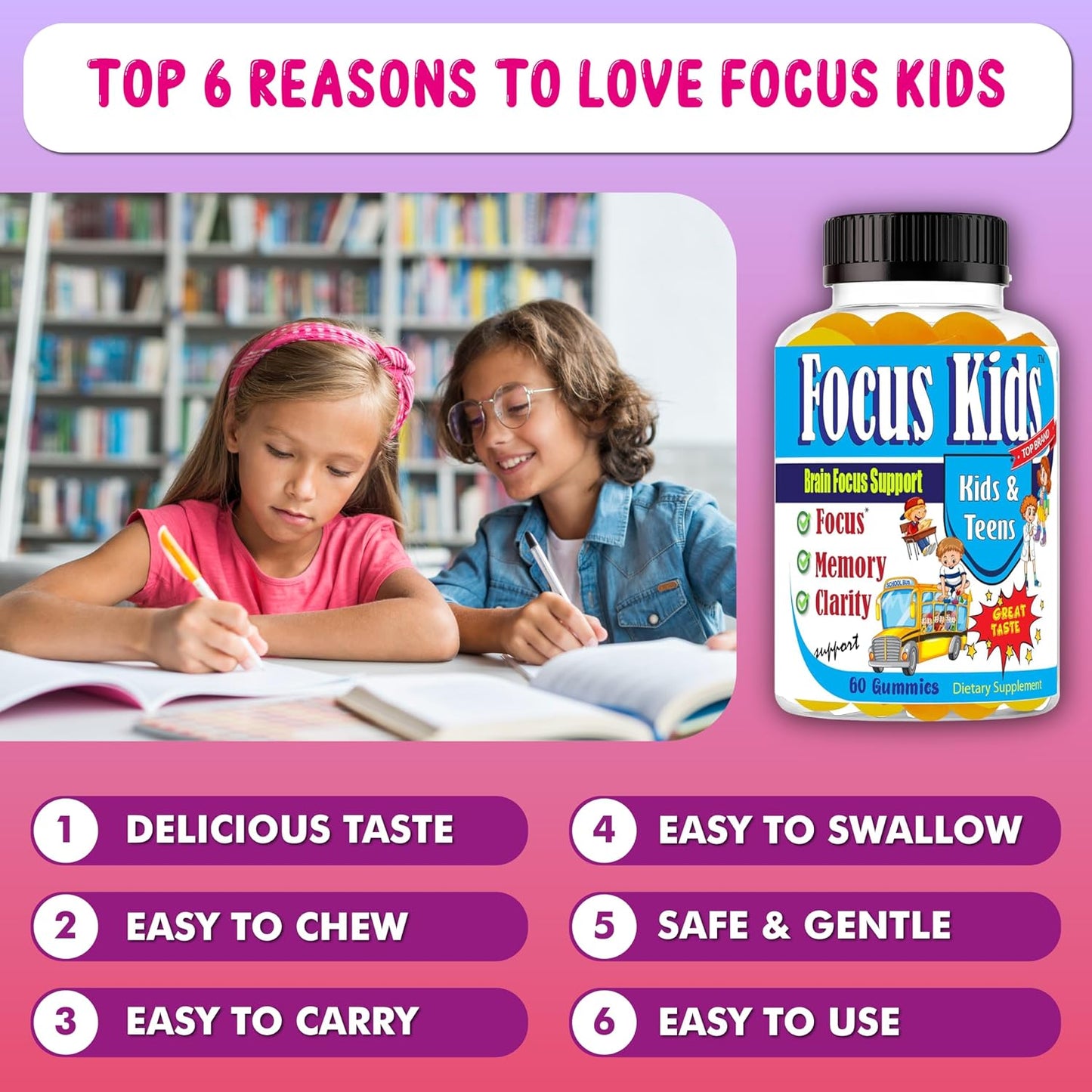 Focus Kids Gummies - Attention, Memory & Concentration Food Supplement with DHA & Omega-3-6-9 (60 Gummies) - görsel 3