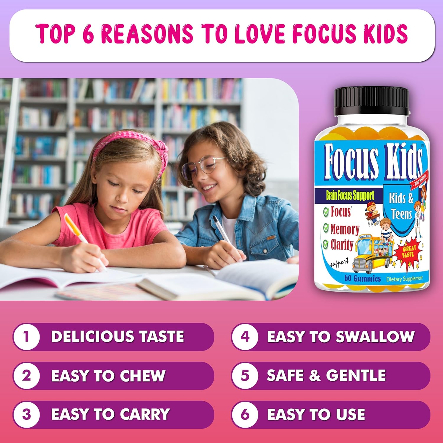 Focus Kids Gummies - Attention, Memory & Concentration Food Supplement with DHA & Omega-3-6-9 (60 Gummies) - görsel 3