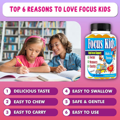 Focus Kids Gummies - Attention, Memory & Concentration Food Supplement with DHA & Omega-3-6-9 (60 Gummies)