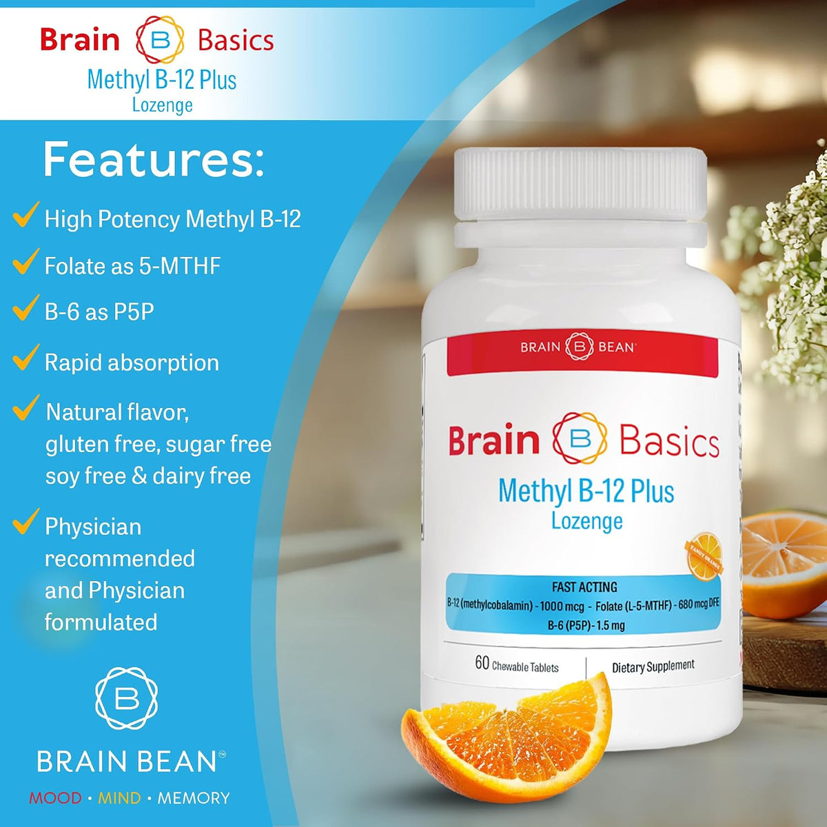 Brain Bean Extra Strength Methyl B12 & Methyl Folate – 60 Chewable Tablets, Orange Citrus - görsel 5