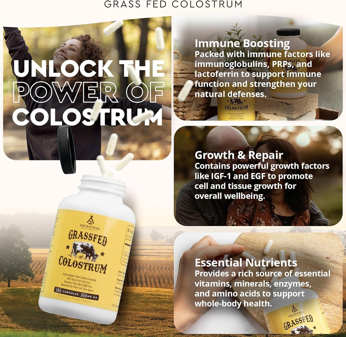 Ancestral Supplements Grass Fed Beef Colostrum – 3000 mg, 180 Capsules - görsel 3