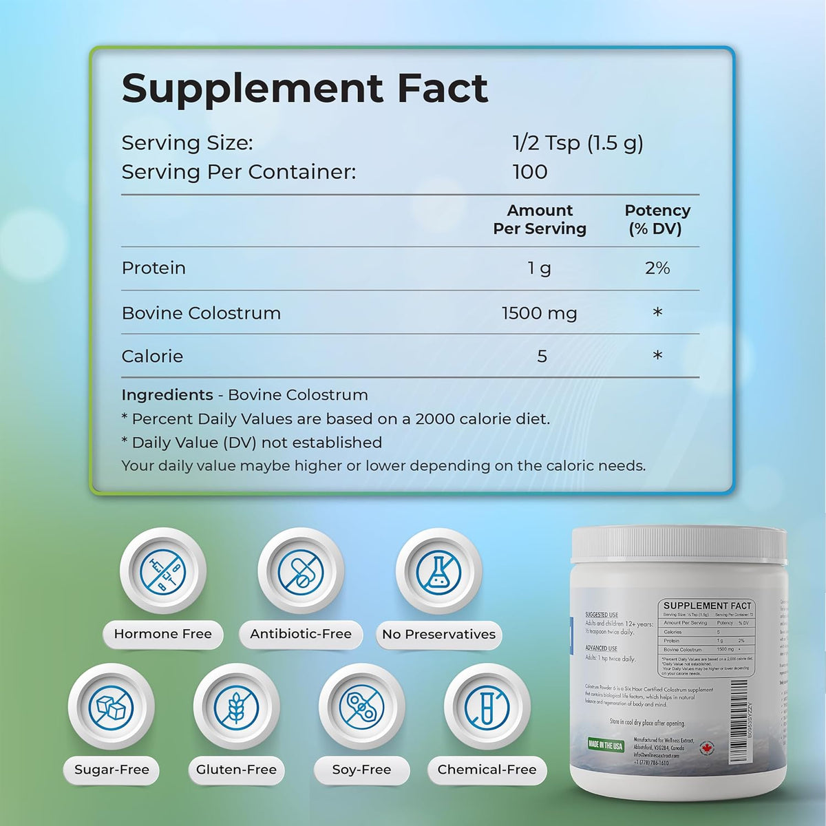 WELLNESS EXTRACT Bovine Colostrum Powder with Lactoferrin, Grass-Fed Organic Colostrum Supplement for Gut Health, Immune Support & Muscle Recovery, Rich in IgG & IgA, Unflavoured, 5.3oz - görsel 2