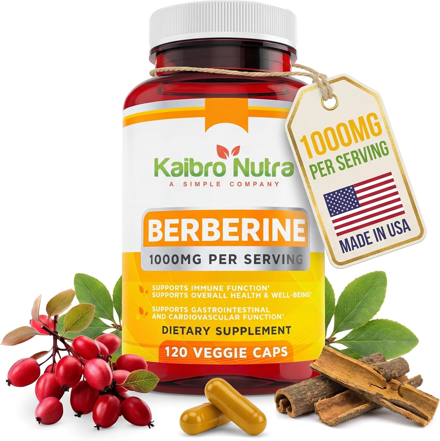 Berberine HCL Supplement 1000mg – Immune System, Glucose Support, Circulatory & Gastrointestinal Health – Vegan & Gluten-Free (120 Capsules) - görsel 1