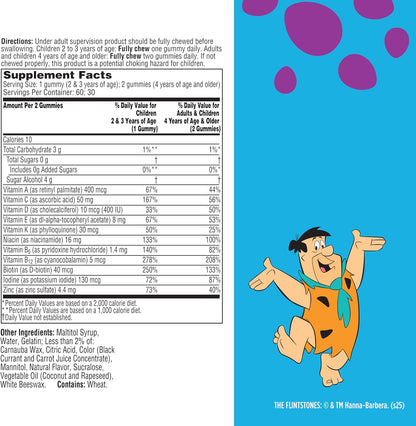 Flintstones Multivitamins for Kids, Sugar Free Kids Multivitamin Gummies, with Vitamins A, C, E, B6 & B12, Raspberry Flavour, 60 Count