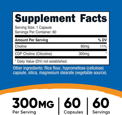 Nutricost CDP Choline (Citicoline) 300mg, 60 Vegetarian Capsules