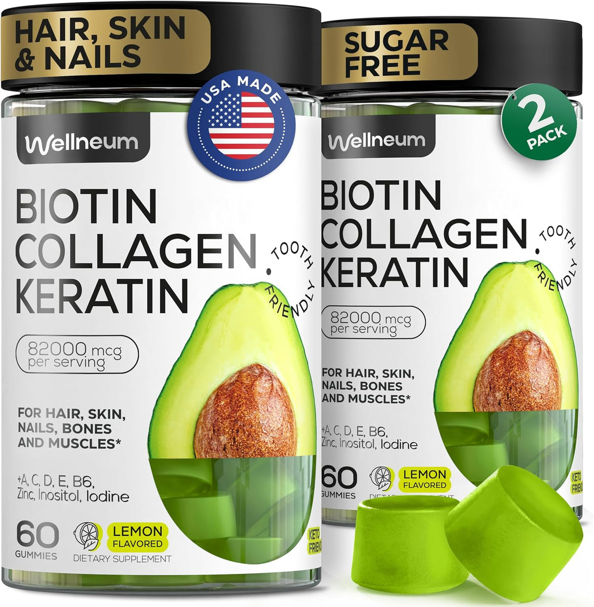 Biotin for Hair Growth Women/Men 12000mcg, Skin & Nails Support Gummies with Collagen Peptides, Keratin, Retinol, Sugar Free, 120 Gummies (2 Pack) - görsel 1